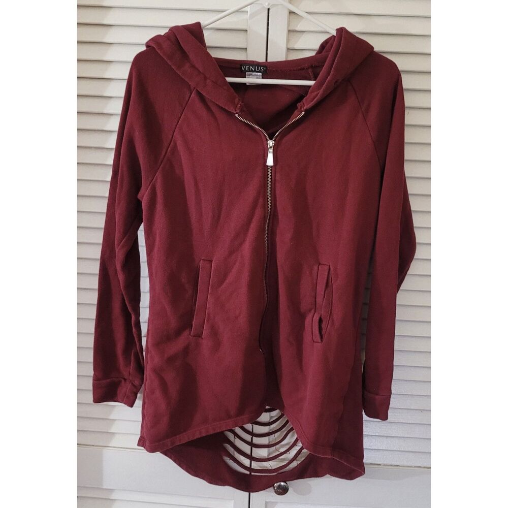 Venus Burgundy Shredded Slashed Back Zip Up Hoodie Tunic Jacket Size Small S